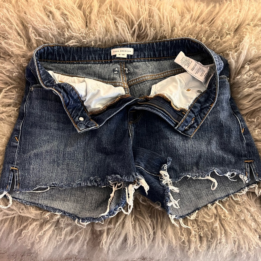 Good American Dark Blue Denim Cut Off Shorts